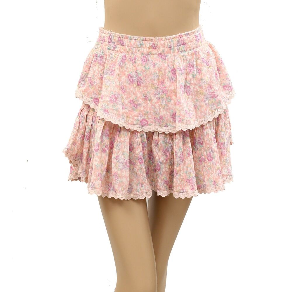 Loveshackfancy Floral Printed Mini Skirt Lace Cotton Tiered Smocked XS 287831